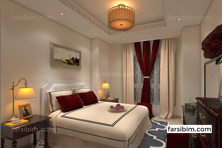 طراحی معماری و رندر داخلی اتاق خواب ترکیب قرمز و سفید