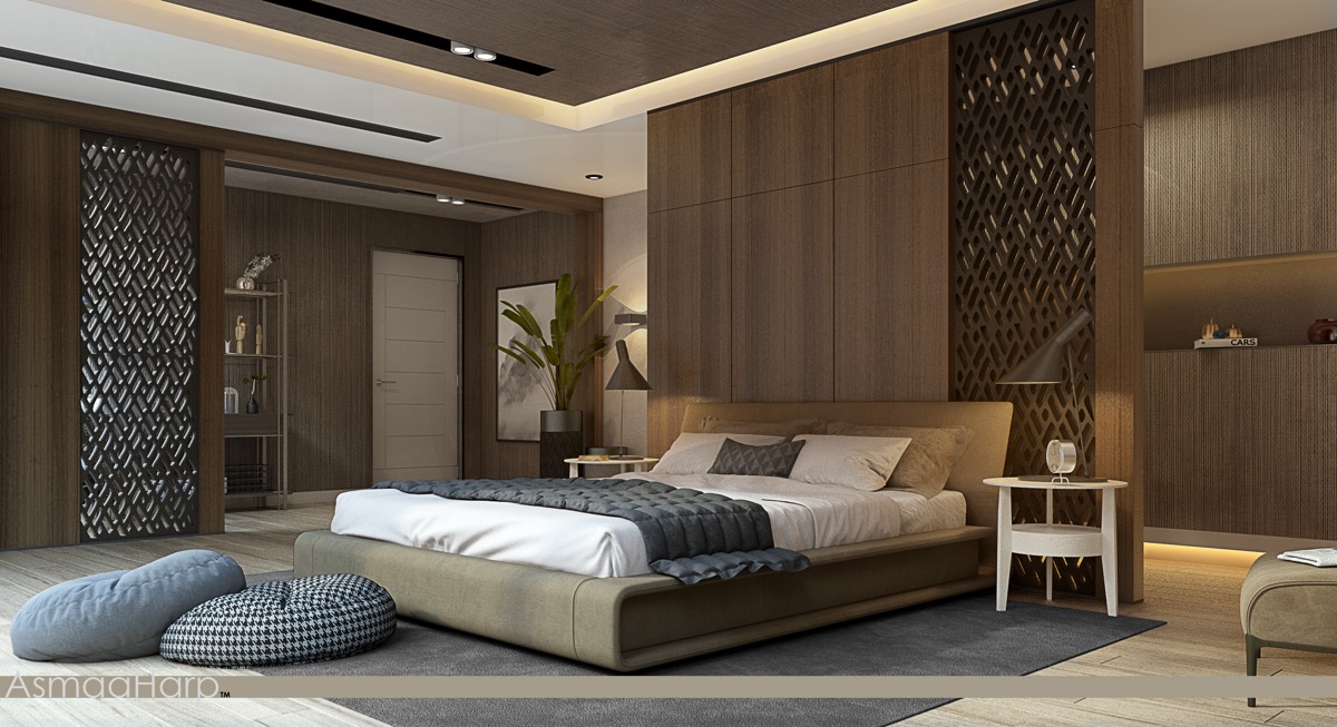 اتاق خواب با پانل چوبی مدرن