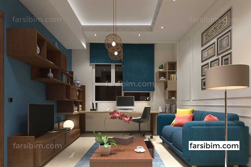 طراحی معماری و رندر داخلی اتاق رنگ آبی